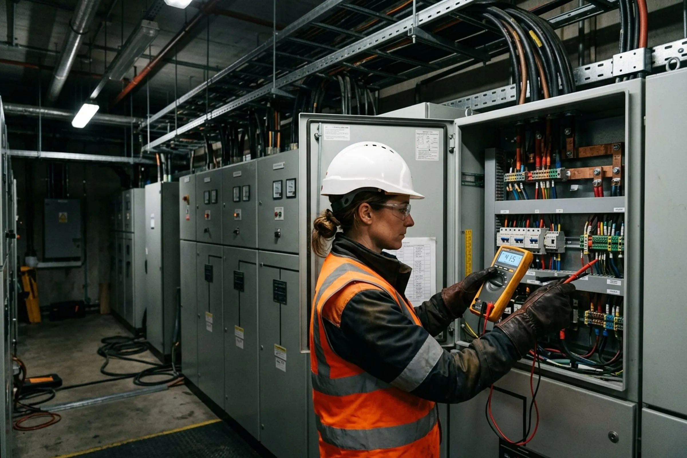 Commissioning engineer testing an LV switchboard with a handheld instrument