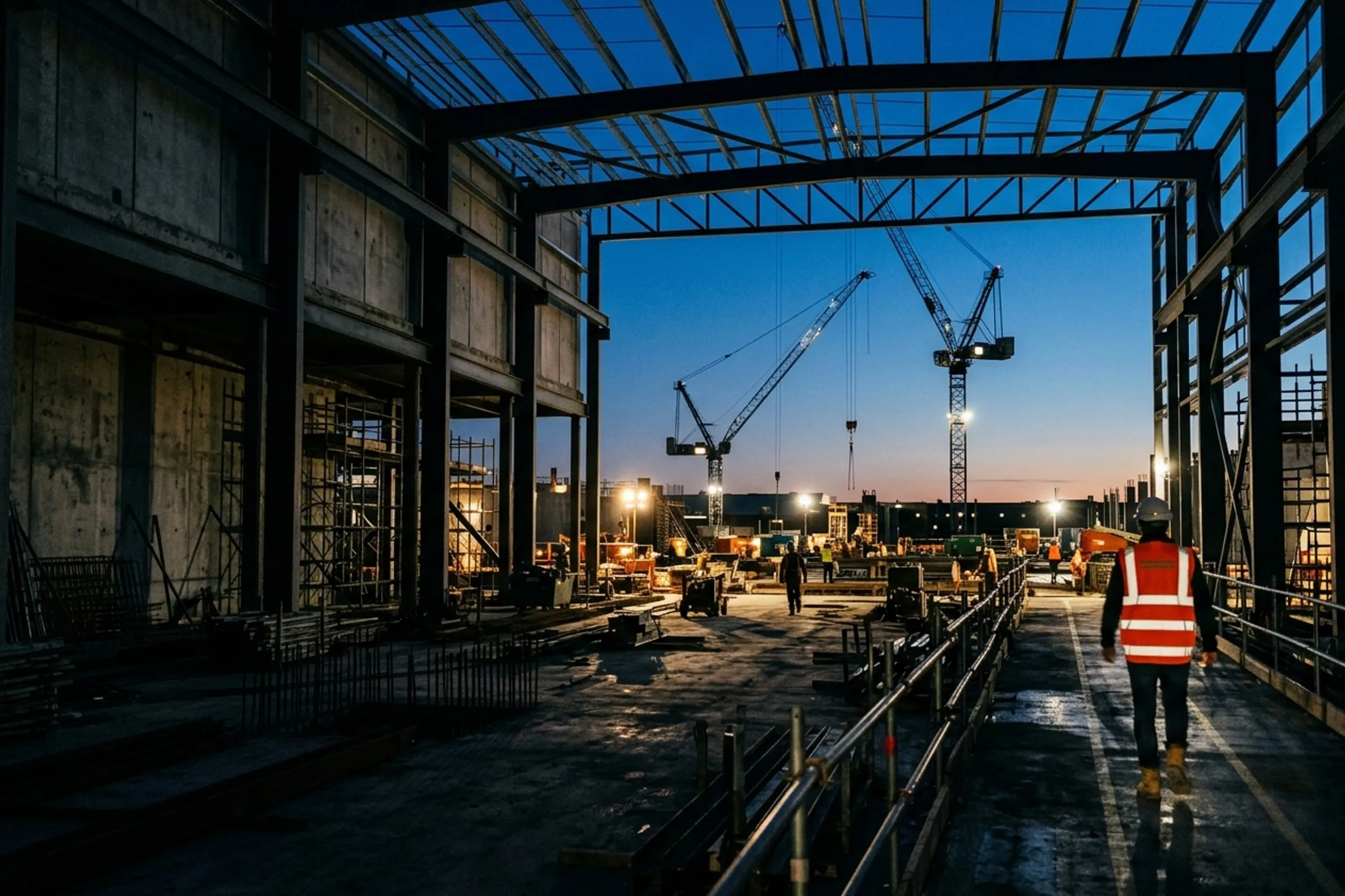 A data centre hall under construction at dusk, cranes against the sky, an engineer walking the slab