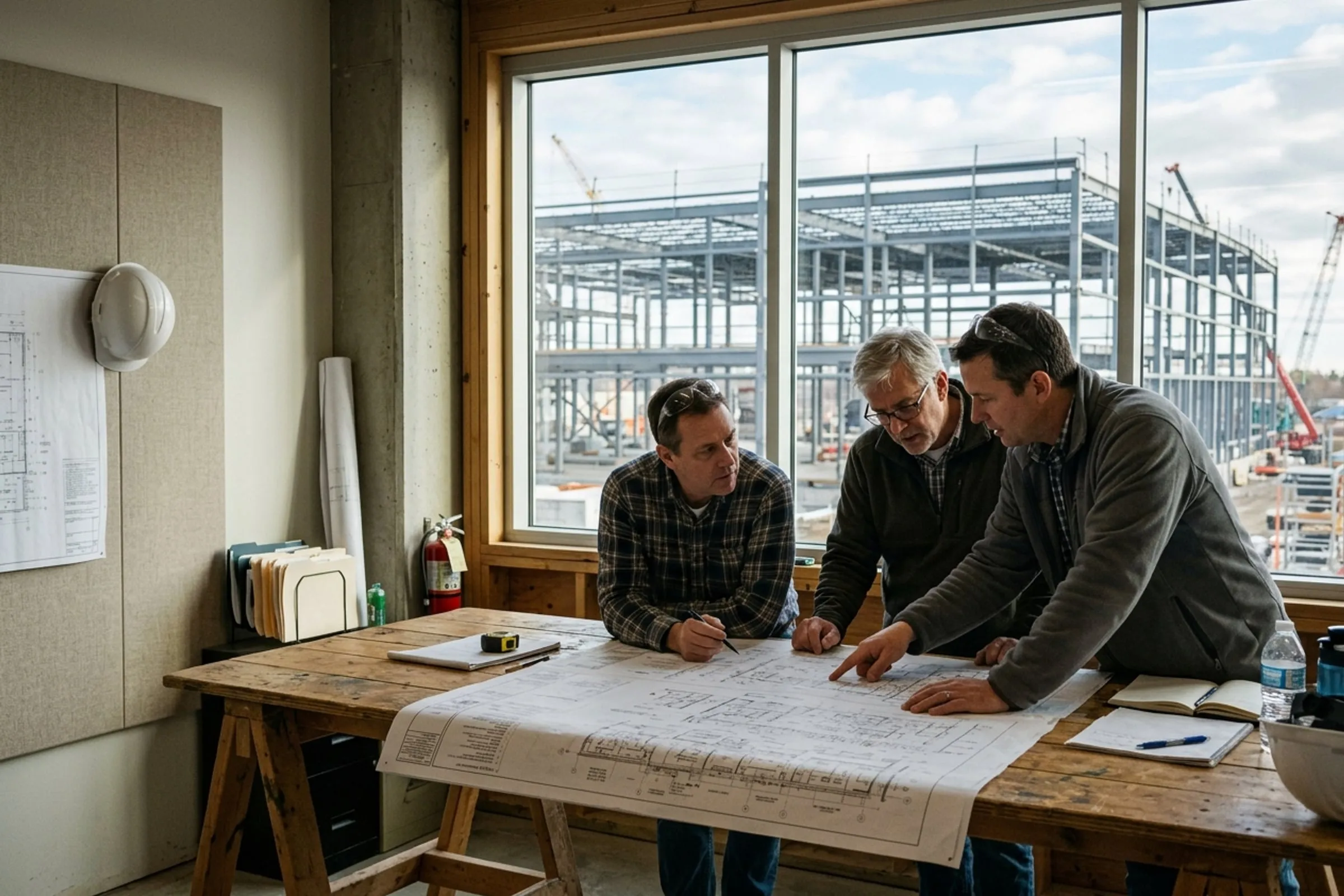 Senior engineers reviewing a printed drawing on a trestle table in a site office