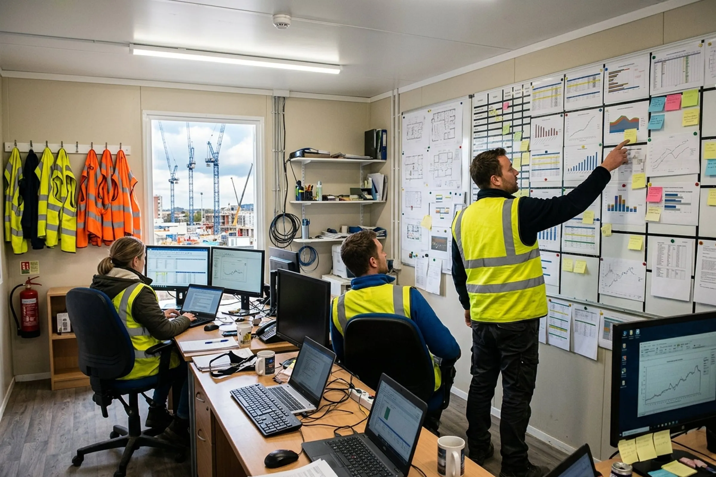 A delivery team at a wall of programme boards in a site project office